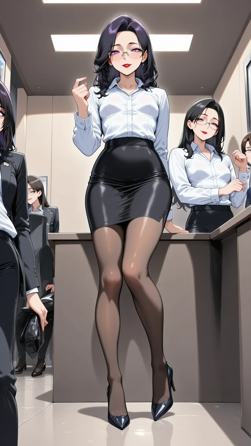 One young and beautiful woman,(masterpiece:1.3, top quality :1.3, very detailed depiction:1.3, incredible high resolution:1.3,High quality anime drawings),( office lady with straight black hair,An excellent female secretary,Villainess,Glasses),( business suit, tight skirt , formal shirt to accumulate strength, black tights, Luxurious Accessory , high heels),( purple eyes, Crazy Eyes , half-closed eyes, normal breasts, wicked smile, glossy red lips , is opening her mouth,Seductive gestures,Beautiful legs, healthy legs,Curvaceous Body,High quality skin),Full body images:2.0,