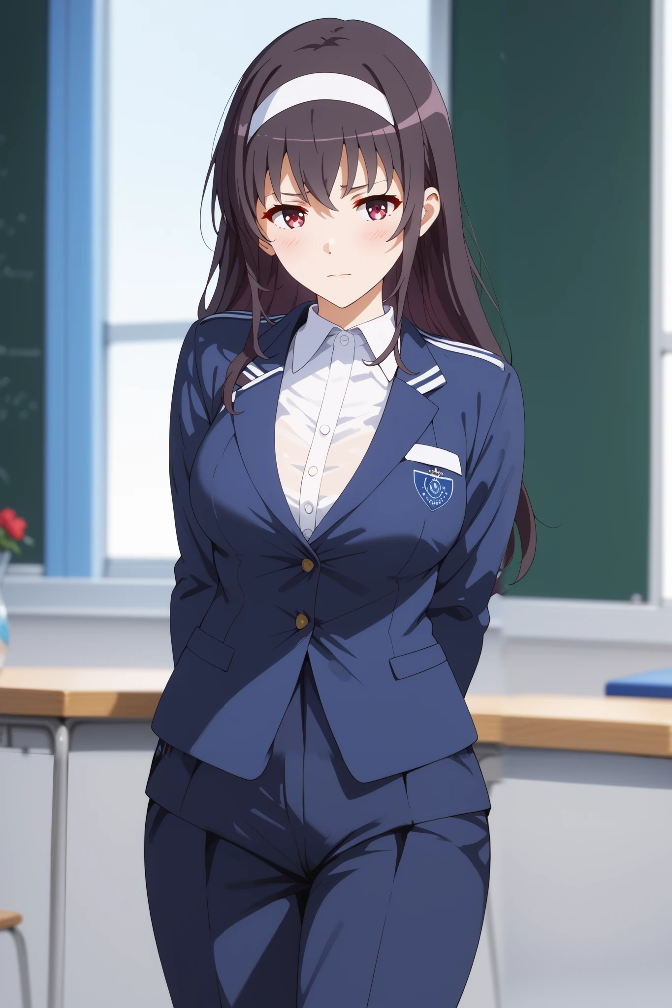 Masterpiece, extremely detailed,perfect quality,4k ,2D ultra graphic,anime ,solo,1girl,kasumigaoka utaha, embarrassed,stand up,full body,beauty face,large breasts ,teacher uniform,volley suit,stocking,body goals,slim body,slim models body,straddle,arms behind back,looking at viewers,front looks,bokeh