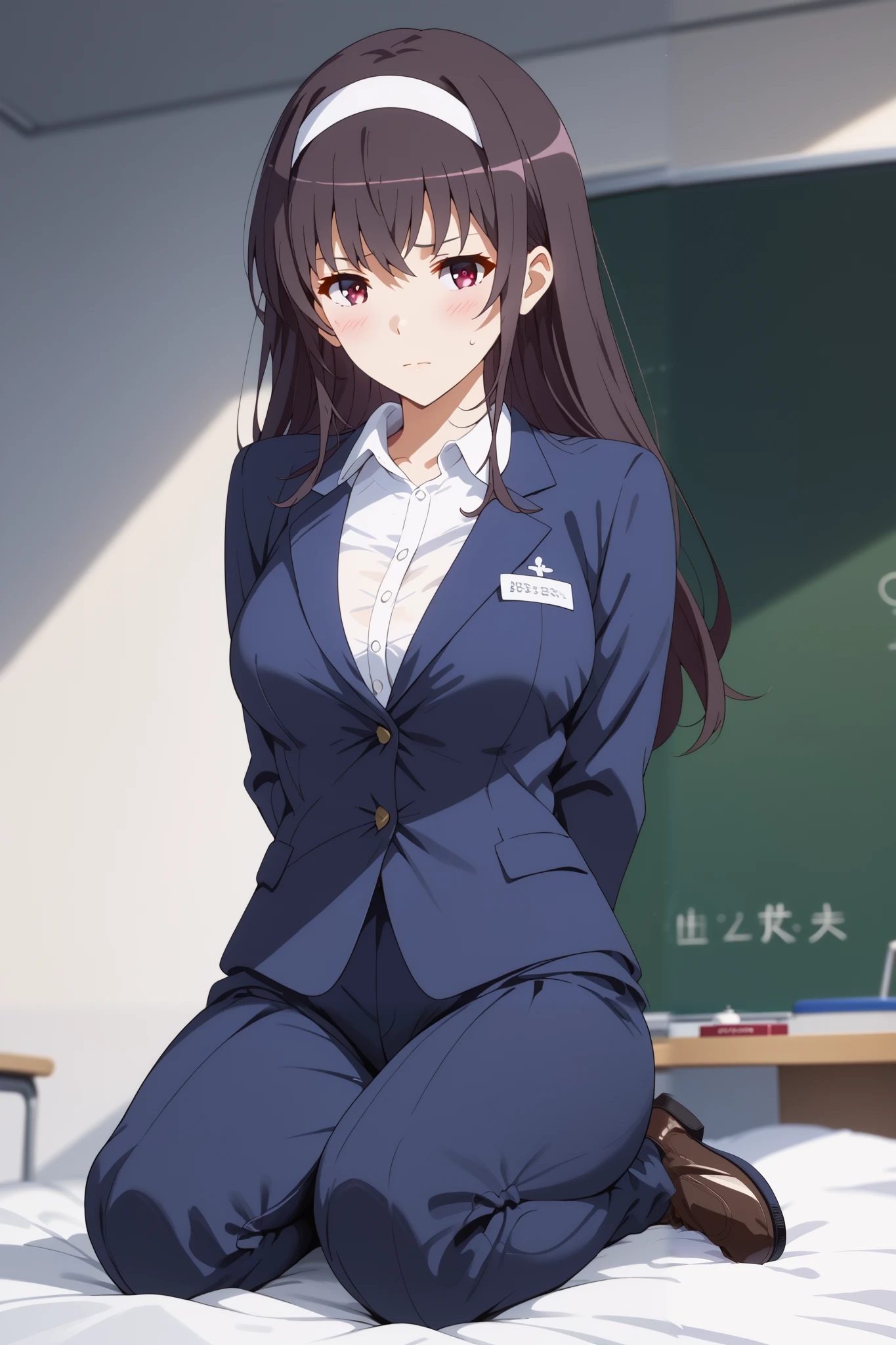 Masterpiece, extremely detailed,perfect quality,4k ,2D ultra graphic,anime ,solo,1girl,kasumigaoka utaha, embarrassed,stand up,full body,beauty face,large breasts ,teacher uniform,volley suit,stocking,body goals,slim body,slim models body,straddle,arms behind back,looking at viewers,front looks,bokeh