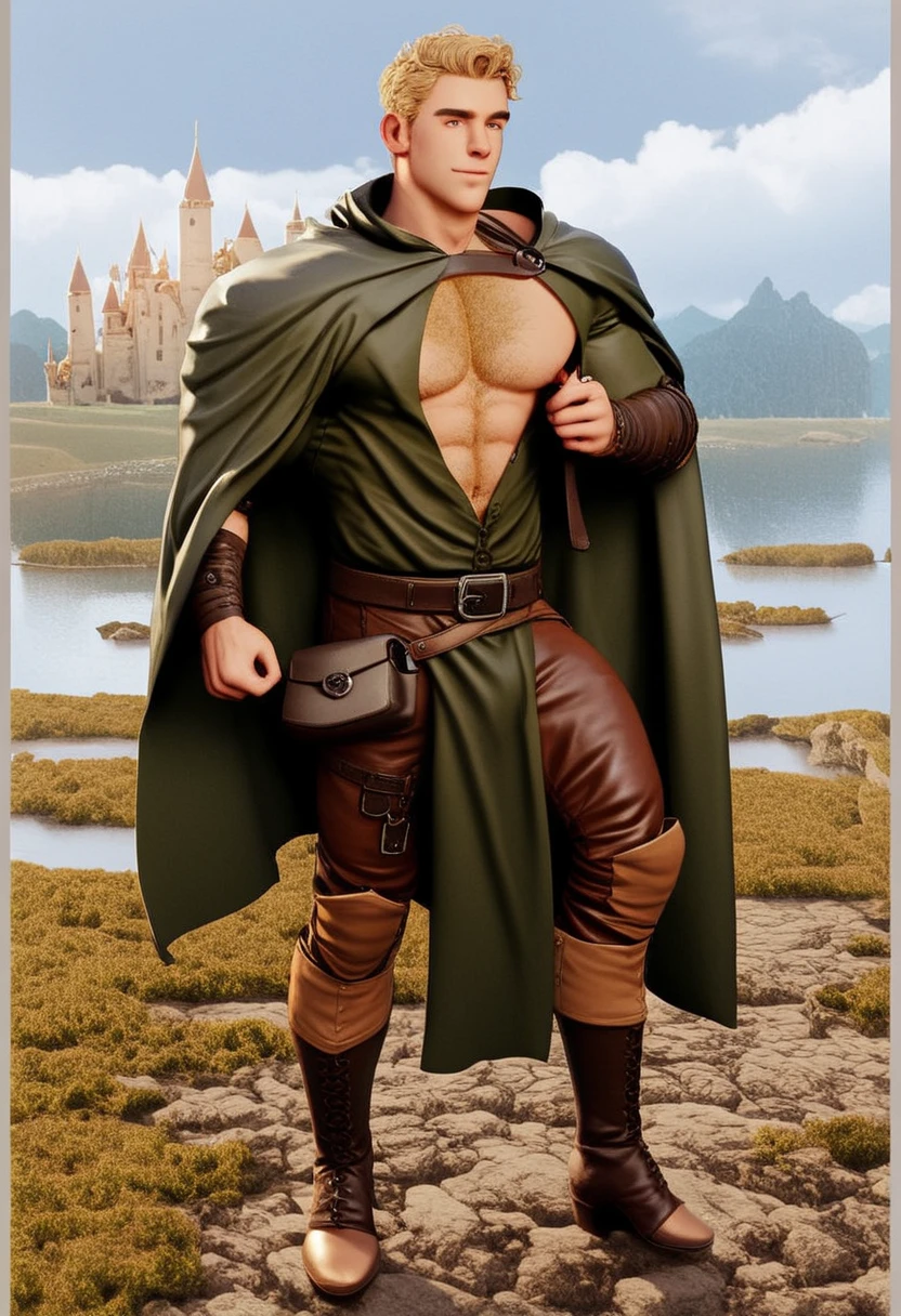 Shirtless and muscular Male standing on shore, Lindisfarne Castle on a hill in the background, resembles model Rik Barnett, short blonde straight hair on head, slightly messed by breeze, barechest, shirtless, muscular pecs, muscular chest covered in curly blonde hair, (blonde chest hair:1), (hairy chest:1.2), defined abs, thick happy trail, toned and strong body, (blonde body hair:1.0), wearing norsemen clothes, (norsemenclothes: green cloak with hood, brown pants, leather belt), leather satchel, leather belt with small closed pouch, leather vambrace, boots, holding a quarterstaff