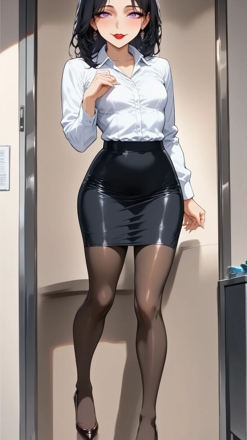 One young and beautiful woman,(masterpiece:1.3, top quality :1.3, very detailed depiction:1.3, incredible high resolution:1.3,High quality anime drawings),( office lady with straight black hair,An excellent female secretary,Villainess,Glasses),( business suit, tight skirt , formal shirt to accumulate strength, black tights, Luxurious Accessory , high heels),( purple eyes, Crazy Eyes , half-closed eyes, normal breasts, wicked smile, glossy red lips , is opening her mouth,Seductive gestures,Beautiful legs, healthy legs,Curvaceous Body,High quality skin),Full body images:2.0,