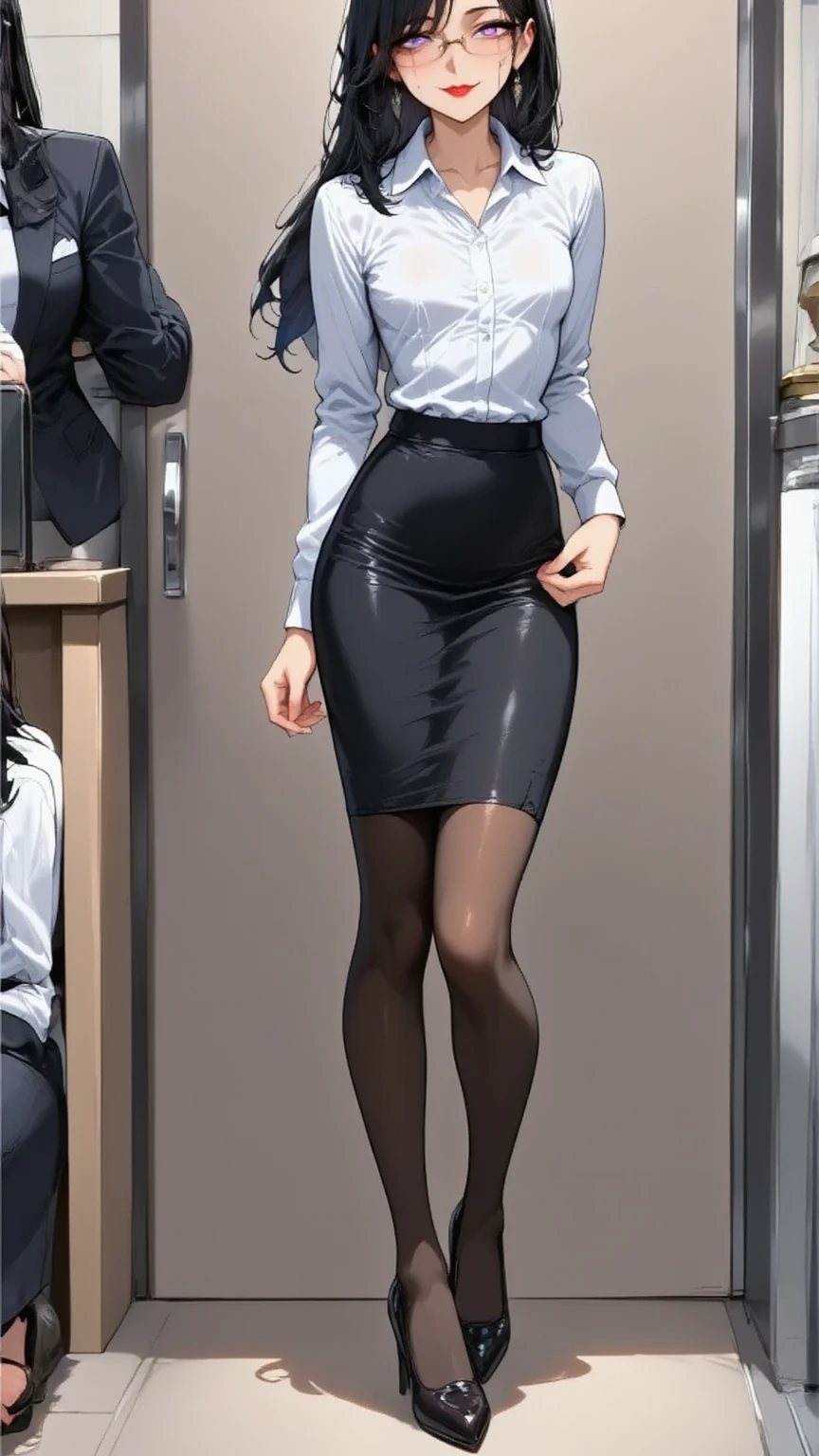 One young and beautiful woman,(masterpiece:1.3, top quality :1.3, very detailed depiction:1.3, incredible high resolution:1.3,High quality anime drawings),( office lady with straight black hair,An excellent female secretary,Villainess,Glasses),( business suit, tight skirt , formal shirt to accumulate strength, black tights, Luxurious Accessory , high heels),( purple eyes, Crazy Eyes , half-closed eyes, normal breasts, wicked smile, glossy red lips , is opening her mouth,Seductive gestures,Beautiful legs, healthy legs,Curvaceous Body,High quality skin),Full body images:2.0,