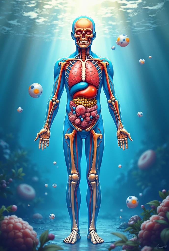 Create an image of a human standing in a swimming pool. The water in the pool should be at the height of a person&#39;s neck..
 The image should highlight the blood vessels and lymphatic vessels of the legs, braços e chest. Highlight the organs and viscera of the abdominal and thoracic cavity. Demonstrate that body fluids are found in smaller quantities in the legs and arms and in larger quantities in the center of the body (chest). Human anatomy must be realistic.
This image is to be used in undergraduate Physical Education classes..