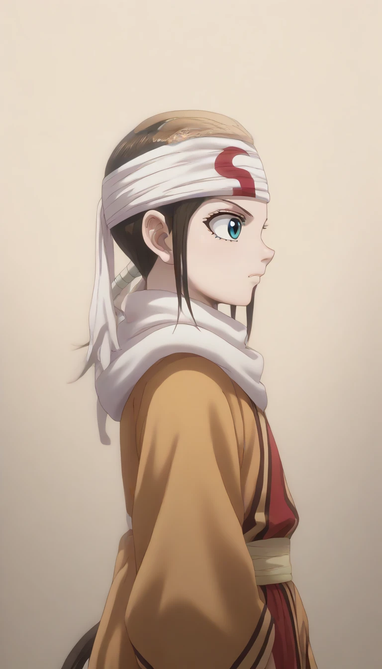 ((((profile image)))) (((((bright blond hair))))) ((((pony tail )))) ((((blue eyes)))) masterpiece super detail, high details, high quality, best quality, highres, 1080P, 8k, 16k brown eyes very accurate clothing score_9, score_8_up, score_7_up, ((cowl)) ((headband on forehead)) detailed clothing ((((beautiful )))) ((((7year d chianding alone to the side next to wall (((solo)))