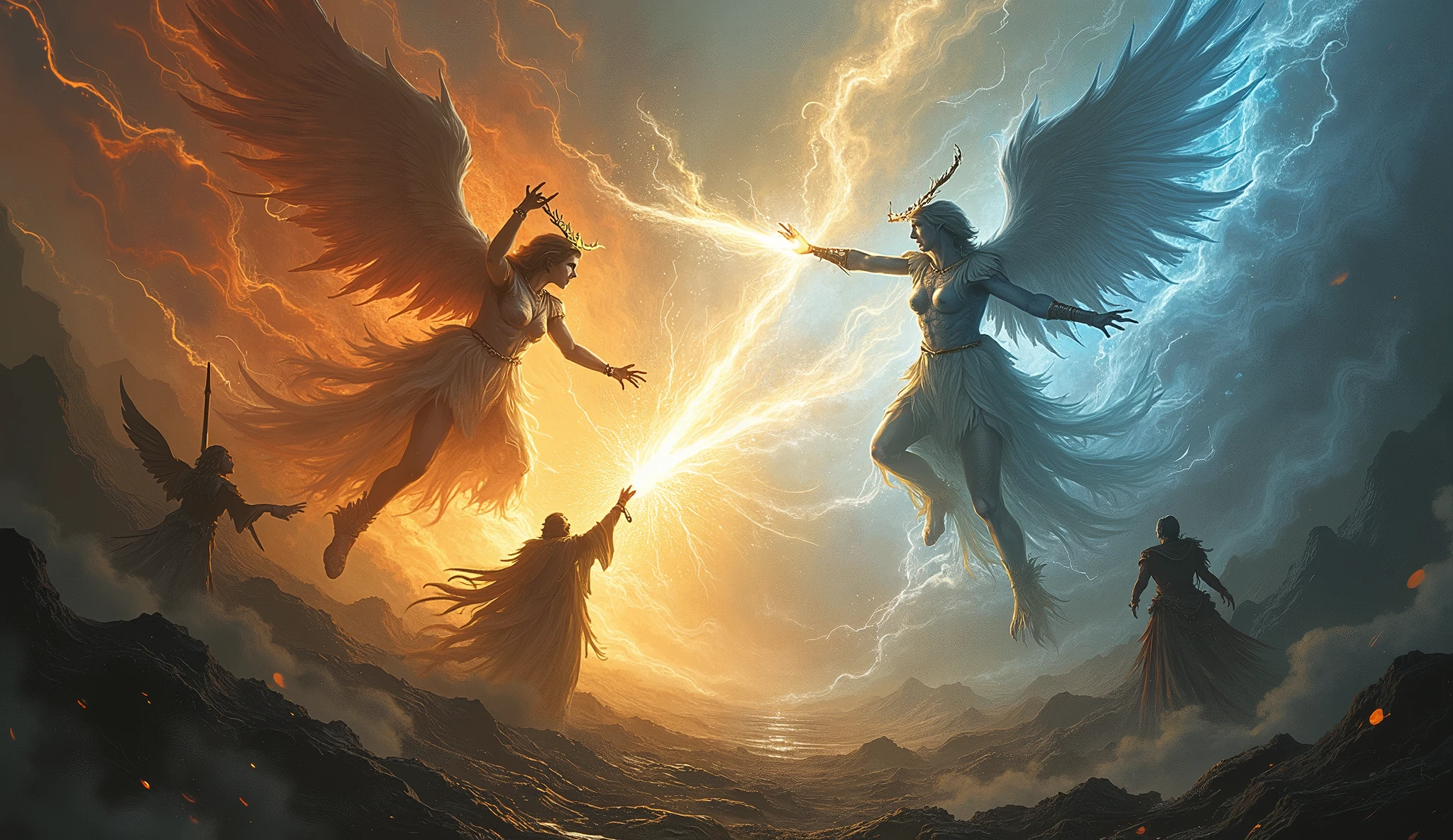 make a fighting scene where Gods and goddess namely uni(male adult) and verse(female adult) fighting another God namely black hole(male adult) in the outer space make it cartoon for children