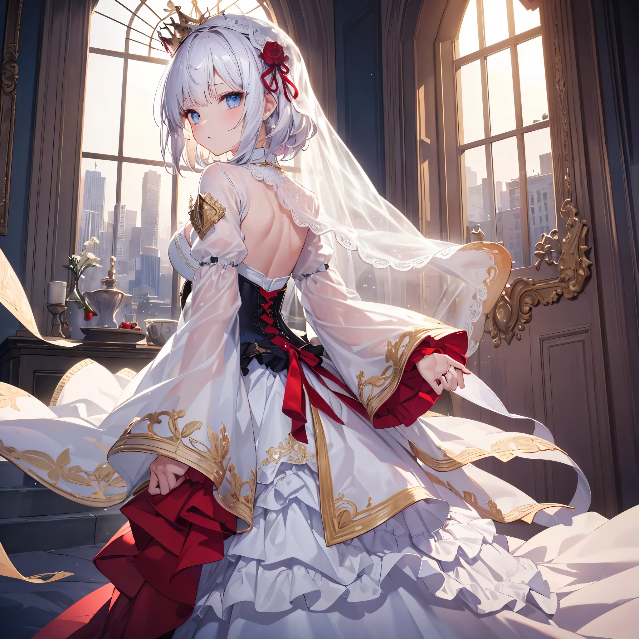 Excellent, Masterpiece, High Detail, Semi-Real, 1 Female, Milf, Upper Body, Priest, Hiqcgbody, Medium Bust, Cleavage, Perfect Face Shape, Red Eyes, White Hair, Hair Accessories, Gemstones, Necklaces, Fantasy Background, Depth Field, Looking at the Audience, Motion Blur, Dynamic Angle,