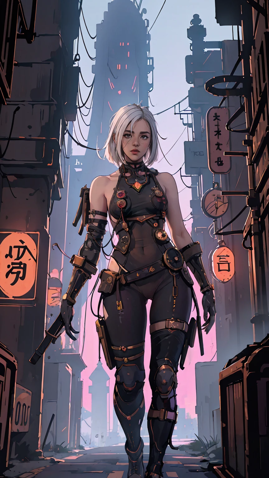 masterpiece, best quality, 1girl, solo, shrkmk, glasses, grey hair, short hair, huge breasts, lips, bodysuit, (mechanical parts), (robot joints), headgear, outdoors, alleyway, night, dark, kicking, kicking at viewer, motion lines, motion blur, brown eyes, single hair bun, covered nipples, building, neon lights, power lines, high kick, looking at viewer, cyberpunk, angry, frown, raised eyebrow, parted lips, masterpiece, best quality, 1girl, solo, shrkmk, glasses, grey hair, short hair, huge breasts, lips, bodysuit, (mechanical parts), (robot joints), headgear, outdoors, alleyway, night, dark, k
Se