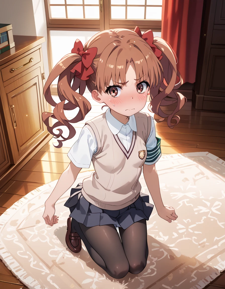 score_9, score_8_up, score_7_up, score_6_up, score_5_up, score_4_up, source_anime, masterpiece, best quality, li, petite, shiny skin, gleaming skin, small breasts, kuroko shirai, brown hair, long hair, parted bangs, brown eyes, ringlets, twintails, hair bow, bow, red bow, armband, black skirt, collared shirt, dress shirt, pleated skirt, safety pin, school uniform, shirt, short sleeves, skirt, summer uniform, sweater vest, tokiwadai school uniform, twintails, white shirt, brown sweater vest, underbust, embarrassed, on floor, indoors, :o, carpet, Stretch one leg,, black pantyhose,, panties under pantyhose, panties, full body,