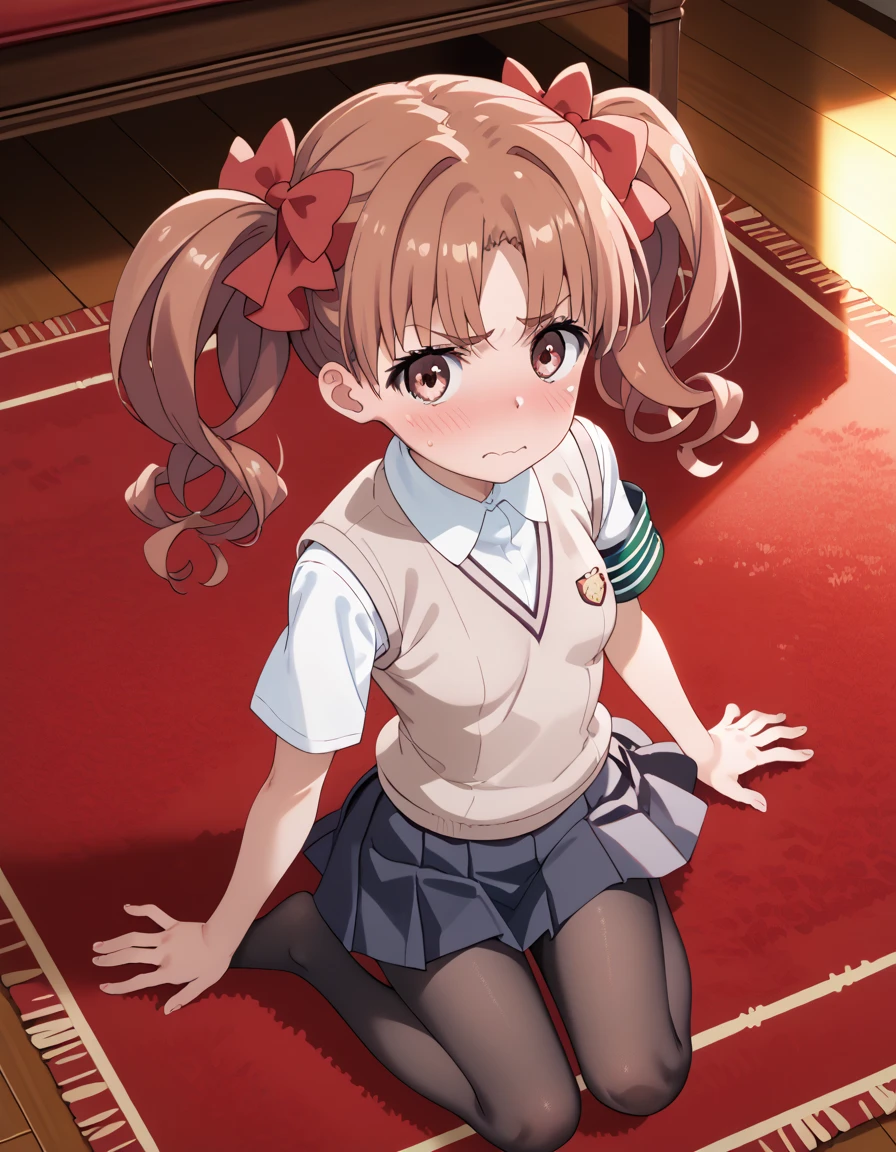 score_9, score_8_up, score_7_up, score_6_up, score_5_up, score_4_up, source_anime, masterpiece, best quality, loli, petite, shiny skin, gleaming skin, small breasts, kuroko shirai, brown hair, long hair, parted bangs, brown eyes, ringlets, twintails, hair bow, bow, red bow, armband, black skirt, collared shirt, dress shirt, pleated skirt, safety pin, school uniform, shirt, short sleeves, skirt, summer uniform, sweater vest, tokiwadai school uniform, twintails, white shirt, brown sweater vest, underbust, embarrassed, on floor, indoors, :o, carpet, Stretch one leg,, black pantyhose,, panties under pantyhose, panties, full body,