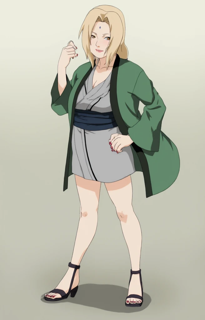 A blonde Strong and shiny body woman. she is wearing green jacket.shiny toes nail,she is wearing black sandals,Tsunade,Tsunade's green Jacket \(outfit\),  upper body lift with an emphasis on facial expression、 detailed face 