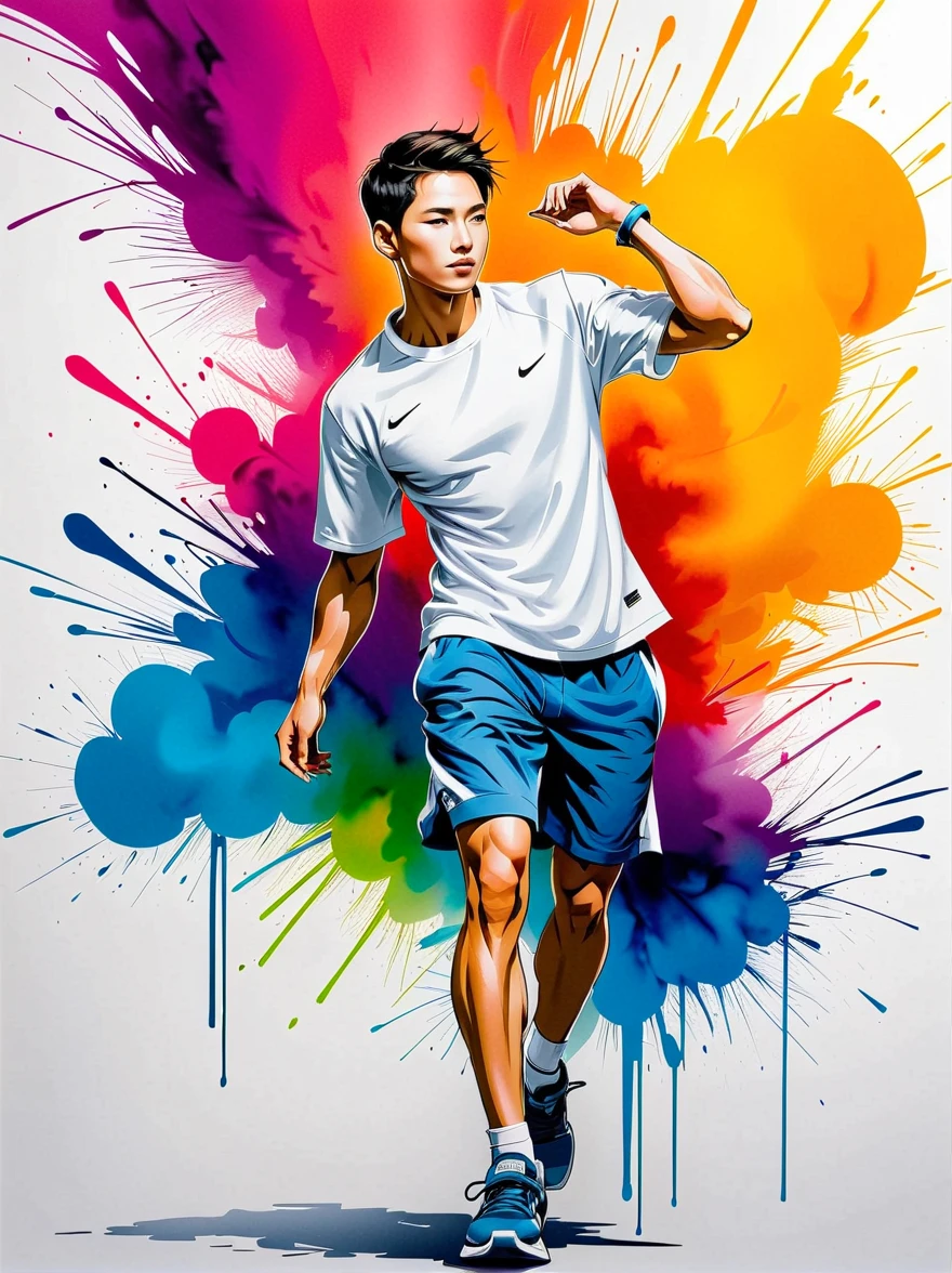 masterpiece,  Best Quality ,  color ink painting , 男性contour，athlete，Dynamic姿势，contour，Graffiti，Ink splatter， bold colors ，Dynamic， colorful，Abstract Painting，A closer look，Like a person ，artwork， Mystery，design， color ink painting