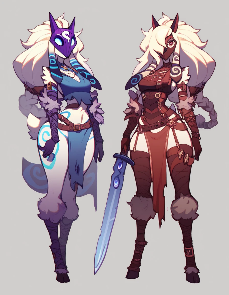 Kindred Female Lamb ,big hips, long hair braid , Belt ,mask  ,Full body , armwear , pose ,curse arm ,loincloth,Simple background,character sheet , concept art, eyes , hair over eye , hold Sword 