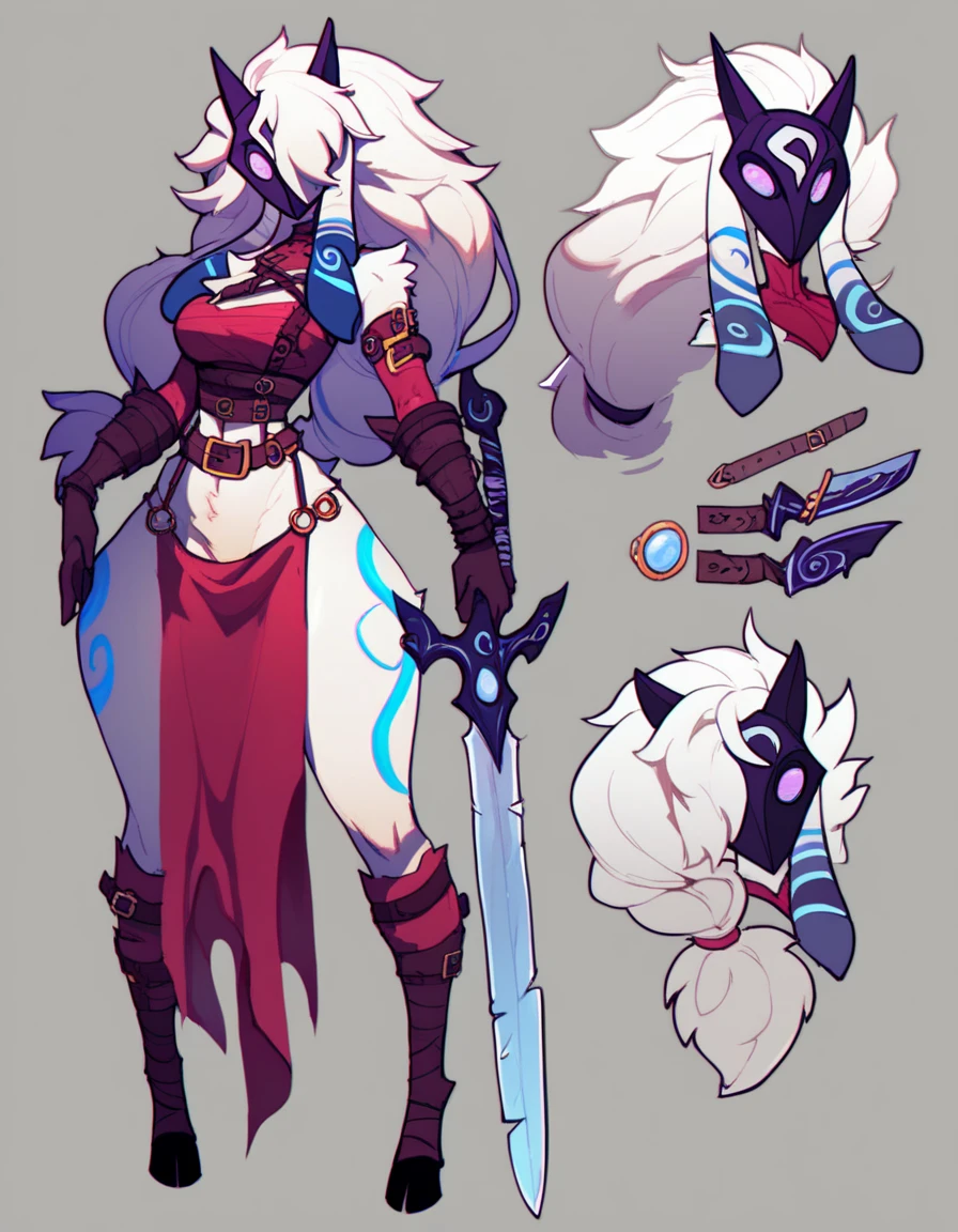 Kindred Female Lamb ,big hips, long hair braid , Belt ,mask  ,Full body , armwear , pose ,curse arm ,loincloth,Simple background,character sheet , concept art, eyes , hair over eye , hold Sword 