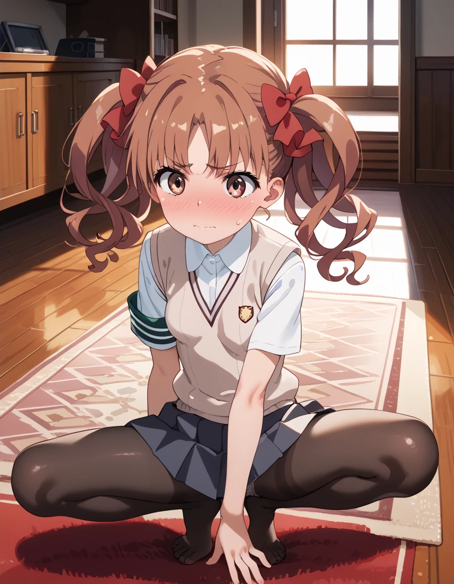 score_9, score_8_up, score_7_up, score_6_up, score_5_up, score_4_up, source_anime, masterpiece, best quality, loli, petite, shiny skin, gleaming skin, small breasts, kuroko shirai, brown hair, long hair, parted bangs, brown eyes, ringlets, twintails, hair bow, bow, red bow, armband, black skirt, collared shirt, dress shirt, pleated skirt, safety pin, school uniform, shirt, short sleeves, skirt, summer uniform, sweater vest, tokiwadai school uniform, twintails, white shirt, brown sweater vest, underbust, embarrassed, on floor, indoors, :o, carpet, Stretch one leg,, spread legs, black pantyhose,, panties under pantyhose, panties, full body,