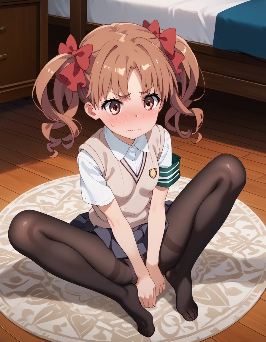 score_9, score_8_up, score_7_up, score_6_up, score_5_up, score_4_up, source_anime, masterpiece, best quality, loli, petite, shiny skin, gleaming skin, small breasts, kuroko shirai, brown hair, long hair, parted bangs, brown eyes, ringlets, twintails, hair bow, bow, red bow, armband, black skirt, collared shirt, dress shirt, pleated skirt, safety pin, school uniform, shirt, short sleeves, skirt, summer uniform, sweater vest, tokiwadai school uniform, twintails, white shirt, brown sweater vest, underbust, embarrassed, on floor, indoors, :o, carpet, Stretch one leg,, spread legs, black pantyhose,, panties under pantyhose, panties, full body,