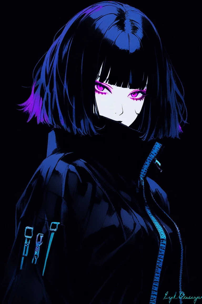 (best quality, sketch:1.2),realistic,illustrator,anime,1 girl, detailed lips, black cosplay demon,custom, (background dark monochrome),neon hair,textured cropping, masterpiece, style retro classic, noir dark, art, sketch book, (bob hair black:1.75 neon:1.32), dark monochrome background, full body, stocking suspenders, makeup