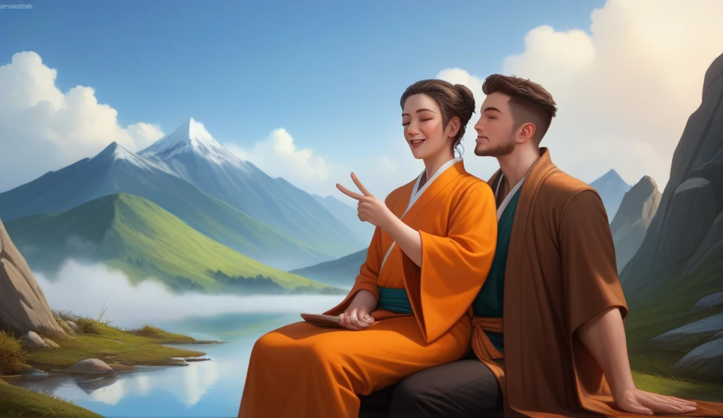 " A Buddhist monk dressed in a bright orange robe ,  sitting in a lotus position ,  with the hands resting on his lap in a gesture of meditation and serenity .  Her facial expression is calm , with eyes closed,  showing a deep connection with their spiritual environment . In front of him,  a young disciple in a dark brown robe is leaning deeply forward a gesture of reverence and respect,  with their hands folded in prayer position .  The scene takes place on top of a mountain covered in soft clouds ,  as if they were floating in the sky .  The background landscape shows distant mountains with realistic details of rock and faint vegetation , partially shrouded in fog .

 The sky is light blue with soft gradients towards the horizon ,  and sunlight subtly illuminates the scene ,  creating warm reflections in tunics and shadows soft .  The detail in the textures of the fabrics and facial expressions is remarkable , , conveying a sense of depth and realism .  The general atmosphere evokes a sense of peace ,  spiritual connection and transcendence .  Everything is presented with a hyperrealistic approach , , painstakingly capturing every detail of the textures ,  colors and the interaction of light ."