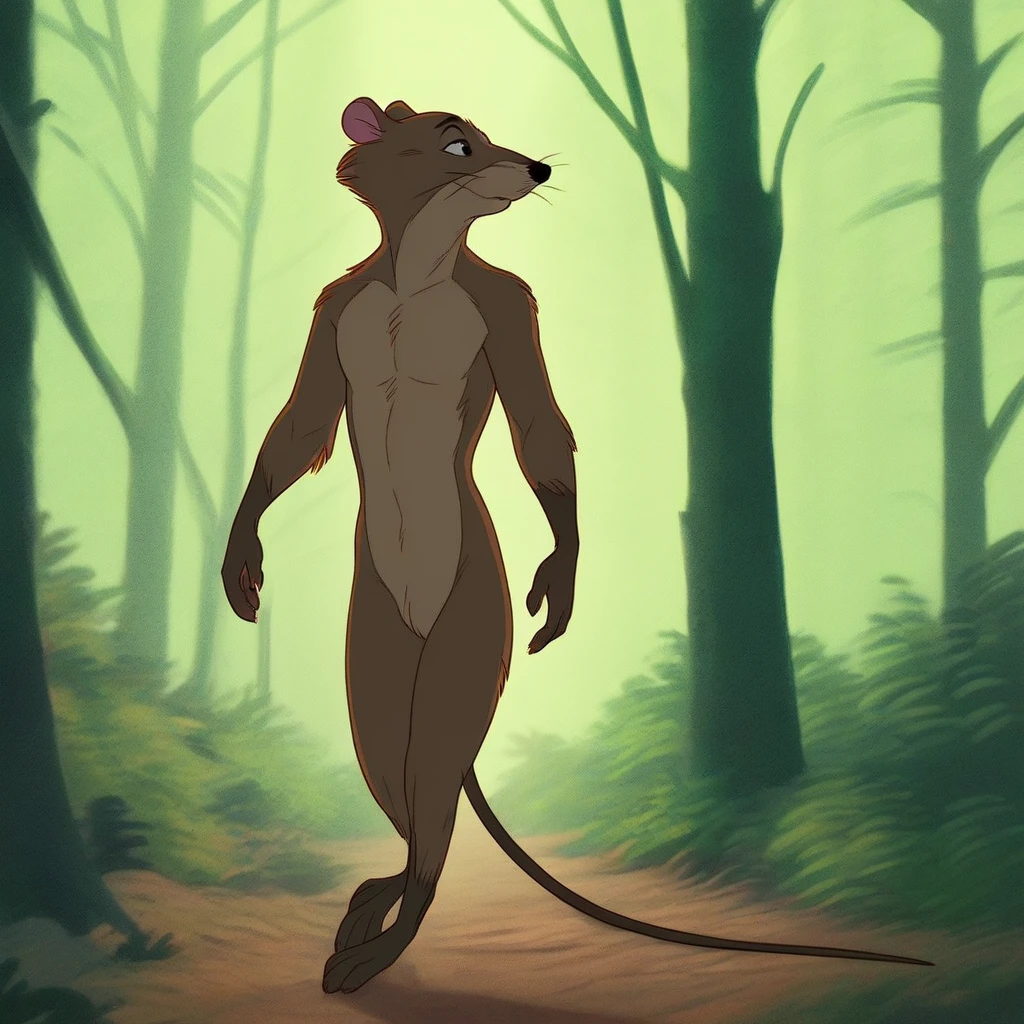 score_9, solo, justin_rat, furry, naked, nude, tail, standing, facing viewer, outdoors, trees, forest, natural lighting