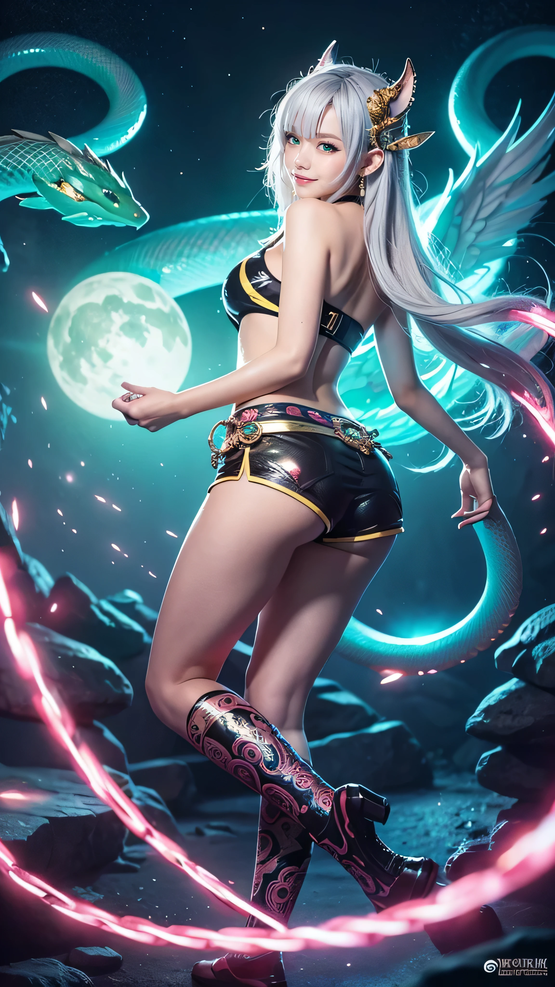 Chinese style, toys, magick, full bodyesbian, cute female child, Hanfu, good smile, long whitr hair, Ultra-clear, Bare shoulders,Open navel,Extremely detailed,(s fractal art:1.3),extremely colorful,Most detailed,Transparent material Chinese dragon, ice cubes, Reflected light droplets, Style prism + hibisco, Solid black background, Particle, Particle, blueglow,