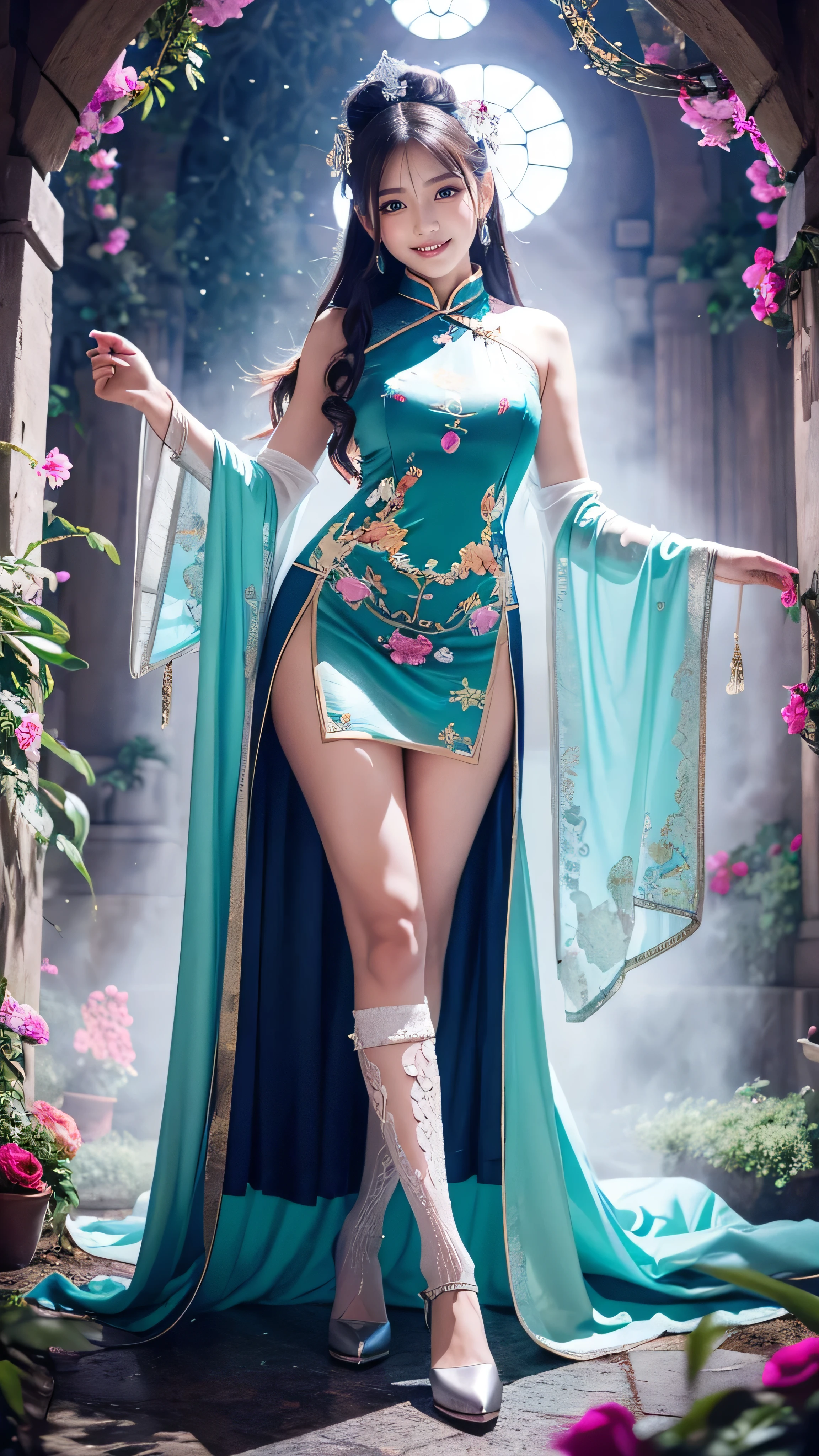 Super detailed characters,Depicts a 25-year-old woman,Wear transparent, Transparent silk hanfu,Immerse yourself in ultra-detailed forest environments,Towering trees background,Her hair black and shiny,The cleavage protrudes,Half leak,Presents a very dynamic effect。The picture full of color,Use real photography art,Added motion effects。Overall ancient style,screen forward,human body panorama。