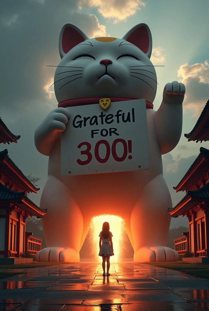 ultra-realistic, photorealistic, dramatic scene, shadow, global-illumination, solo, the girl is in the Precincts of the Japanese temple, there is a statue of the giant fat cat instead of the Giant Buddha, she is looking at the statue, It looks like a statue of a cat but in fact is a rocket now at the moment of launch, Fierce flames shot out from the rocket engine and slightly off the ground, the giant cat statue is holding a extremely huge signboard that says "Grateful for 300!" and cute kitten is printed on it, dynamic angle