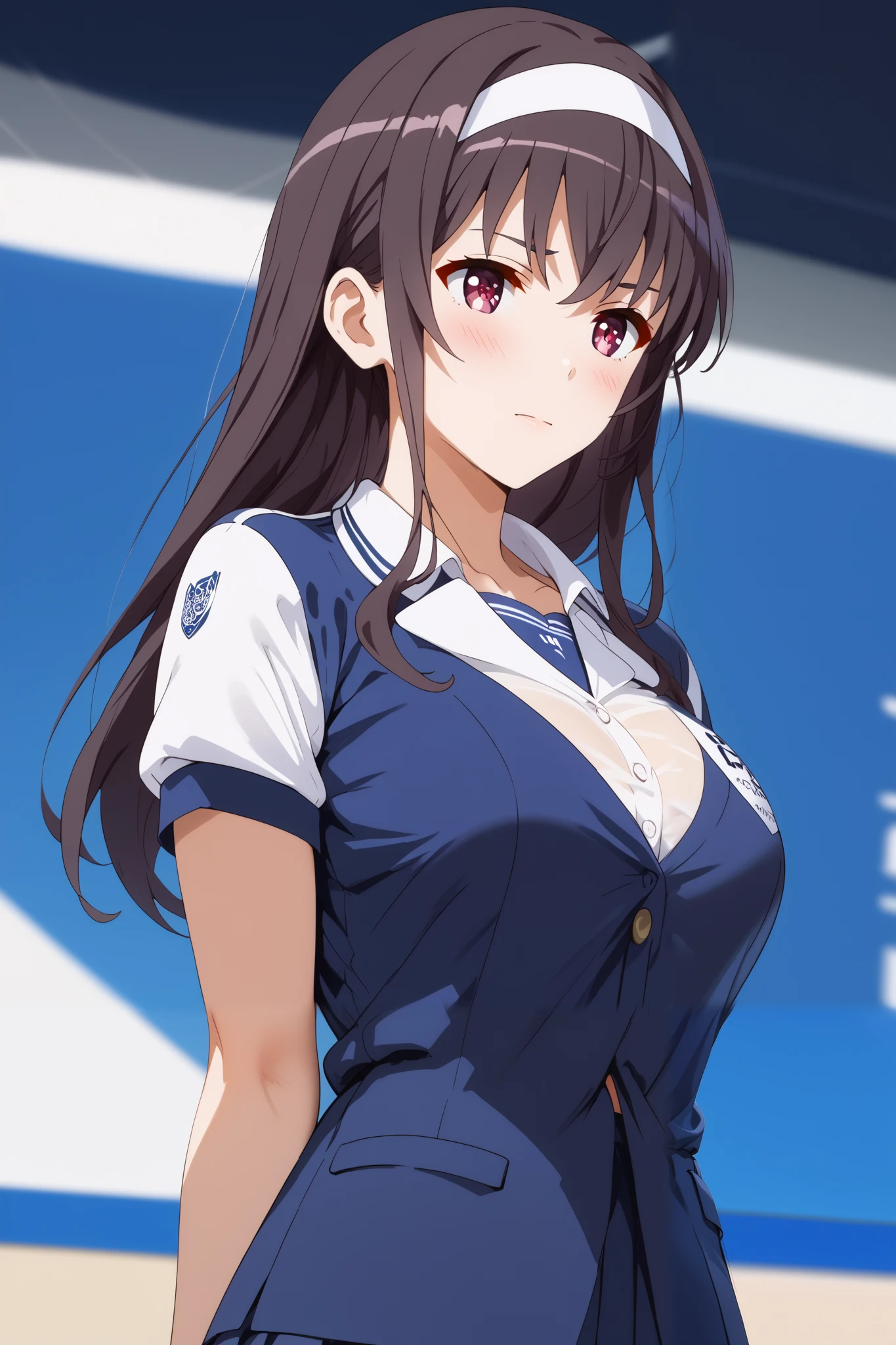 Masterpiece, extremely detailed,perfect quality,4k ,2D ultra graphic,anime ,solo,1girl,kasumigaoka utaha, embarrassed,stand up,full body,beauty face,large breasts ,teacher uniform,volleyball uniform,stocking,body goals,slim body,slim models body,straddle,arms behind back,looking at viewers,front looks,bokeh