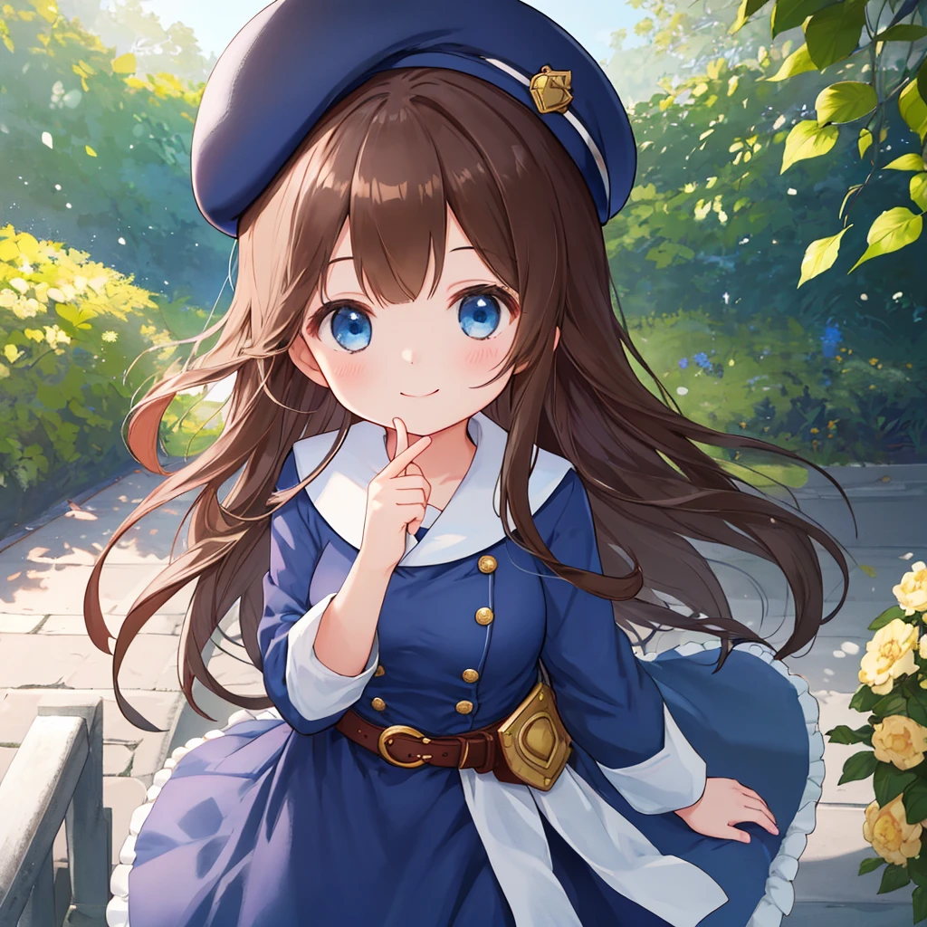  depth of field,  One girl ,   light smile,   looking at viewer,  cute round face,    long straight hair ,  Detailed body, small tits, Wear a navy blue dress , Belt worn、Daytime,  natural light, masterpiece,  top quality ,  great quality,   very aesthetic  , up to date,smile、Wear a beret 、Brown Hair、Blue eyes