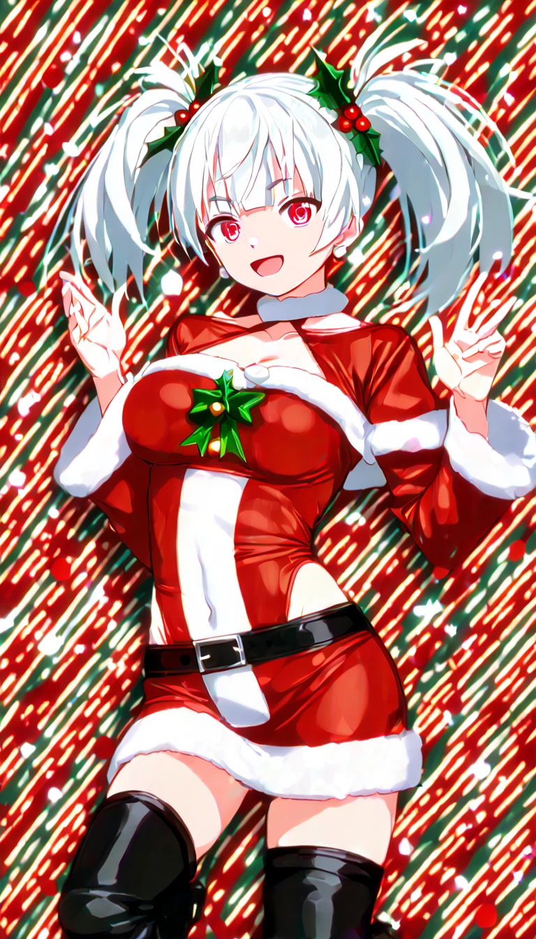 (Perfect body),Best Quality,(8K Portrait),(Official art)、(NSFW)、(((((SEX)))))、Inserted from behind、(fatness)、is crying、embarrassed from、1girl in,((((:o))))、((Wavy mouth))、Surprised、(blush),(Sweat),(((huge-breasted)))、(thick thighs)、(big butts)、((Gray hair))、(((Twin-tailed)))、Wavy Hair、(((santa costume)))、(Red ribbons)、(a miniskirt)、(Light blue striped panties)、 White knee socks、(blue eyess)、Cowboy Shot、Bedroom、Hands behind the head、Armpits、kneeking、