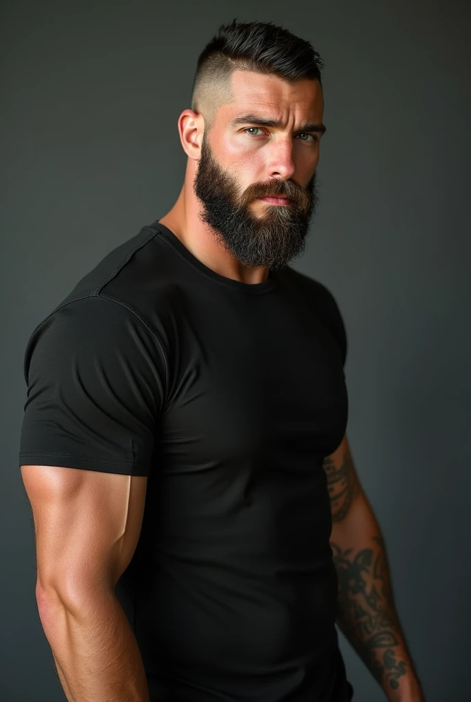 a very handsome, robust, serious adult man, with a Mid fade haircut, massively muscular, with massively large muscles, with massively large and muscular arms and biceps, wearing a very dirty dark gray shirt, seen very close up