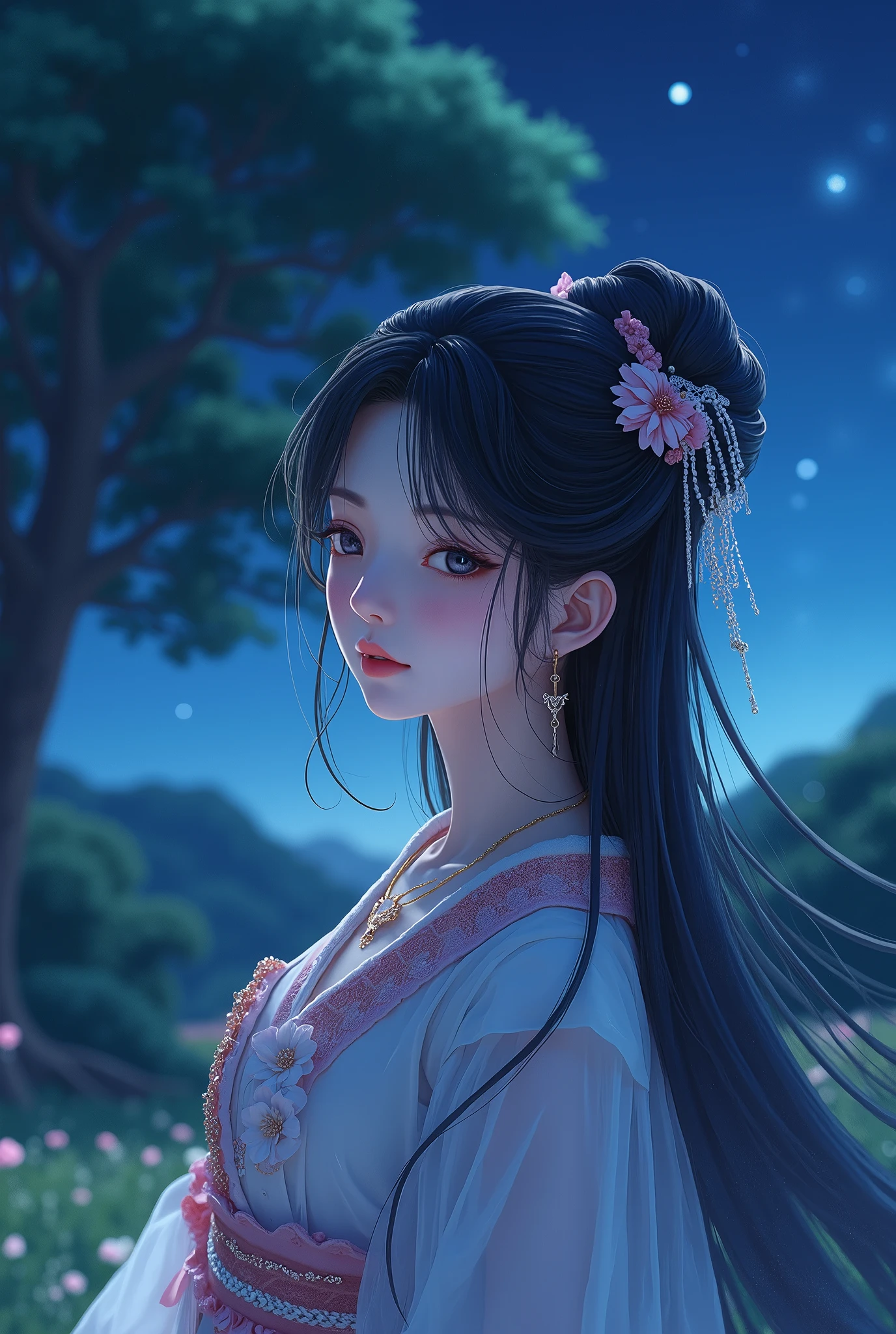 anime,  manga ,  Japanese woman, beautiful,  beauty, goddess, Black hair updo, Mid-chest,  and my eyes are narrow ,  pink lips, necklace,  hair ornament,  gentle expression ,  most beautiful , night,  starry sky , Majestic, 星が瞬くnight, Moonlight, Large tree, Grass Square,  8K,  high definition, 