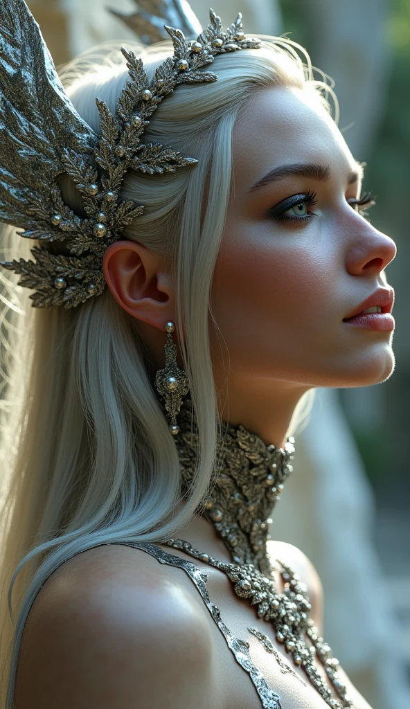 The goddess, winged tiara, silver laurel leaves, head to breast, silicone cybernetics. High Resolution, Masterpiece, Award Winning, Best Quality, High Details, High Quality, UHD, Optical Illusion, Impressionism, Art Deco, Cinematic, Cinematography, Futurism, Hyperrealism, Photorealistic, Unreal Engine, 