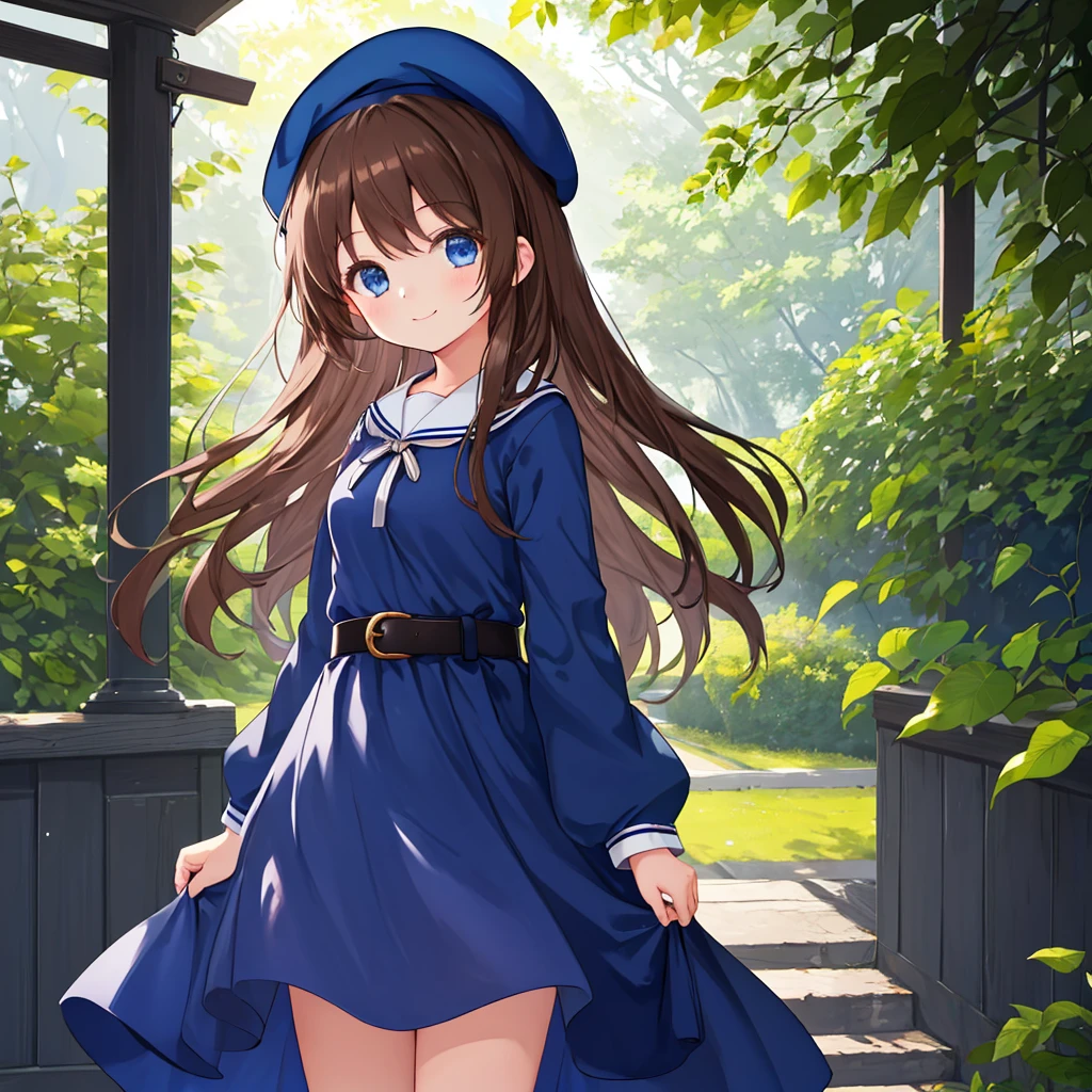  depth of field,  One girl ,   light smile,   looking at viewer, cute,    long straight hair ,  Detailed body, small tits, Wear a navy blue dress , Belt worn、Daytime,  natural light, masterpiece,  top quality ,  great quality,   very aesthetic  , up to date,smile、Wear a beret 、Brown Hair、Blue eyes