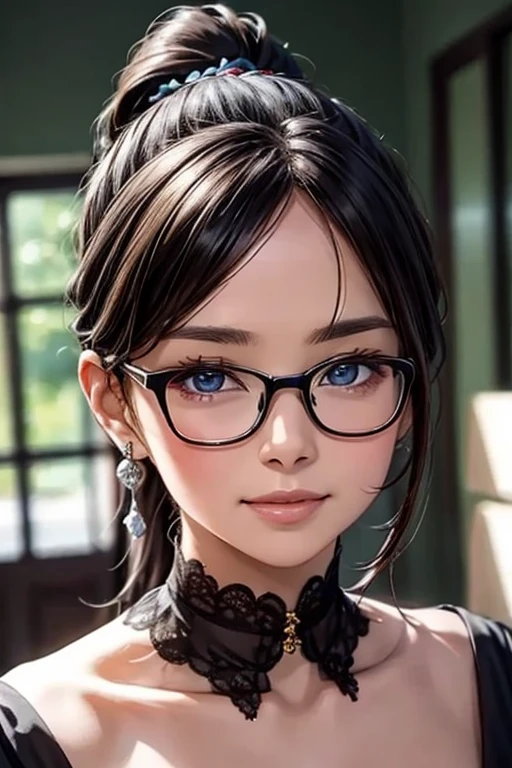 ８ｋ、High resolution、Kanban Lady、beautiful girl、gothic costume、young、white skin,、narrow eyes,high nose,lighting that illuminates the face、clear image、intellectual beauty、skinny、no makeup、anxious look、lighting that illuminates the face,shining hair、single eyelid,blue eyes、at shop、vivid pose、female clerk,wearing glasses