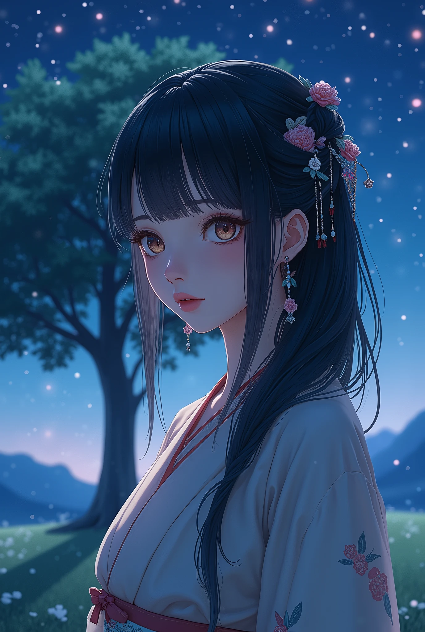 anime,  manga ,  Japanese woman, beautiful,  beauty, goddess, Black hair updo, Mid-chest,  and my eyes are narrow ,  pink lips, necklace,  hair ornament,  gentle expression ,  most beautiful , night,  starry sky , Majestic, 星が瞬くnight, Moonlight, Large tree, Grass Square,  8K,  high definition, 