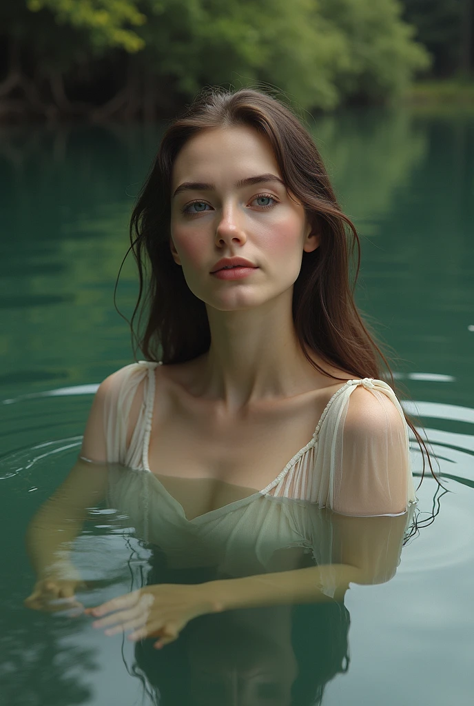 soft-lighting, A woman drowns in her hips in a swamp, um closeup de um, (Realistic fantasy rendering in a swamp:1.2), foto retrato pintura fosca, fotografia de fantasia realista, (lusciousness:1.3), mini saia, Meias pretas com ligaduras, leather jacket, Botas de couro, imagem de cima