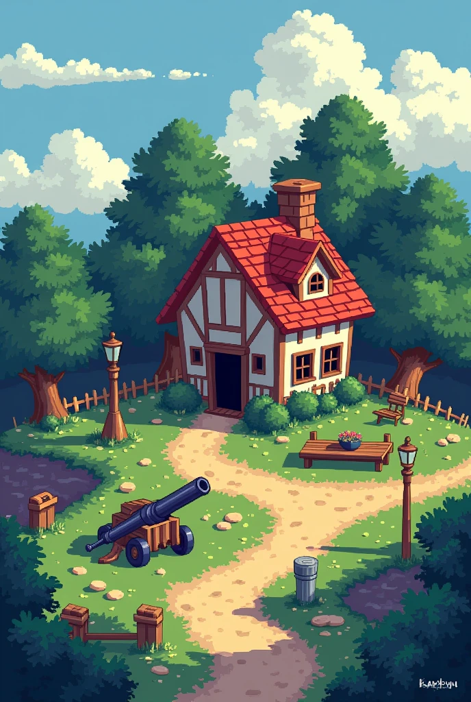 a pixel aRt of a small town with a cannon and a house, pixel aRt by Kanbun MasteR, polycount contest winneR, pixel aRt, #pixelaRt:3, # pixelaRt, #pixelaRt, concept pixelaRt, detailed pixel aRtwoRk, detailed pixel aRt, isometRic pixelaRt, beautiful detailed pixel aRt, /R/pixelaRt