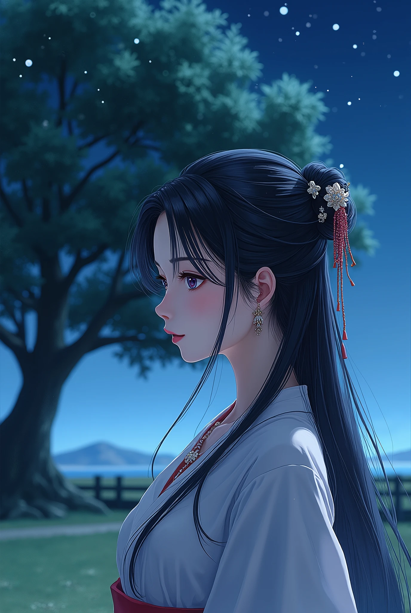 anime,  manga ,  Japanese woman, beautiful,  beauty, goddess, Black hair updo, Mid-chest,  and my eyes are narrow ,  pink lips, necklace,  hair ornament,  gentle expression ,  most beautiful , night,  starry sky , Majestic, 星が瞬くnight, Moonlight, Large tree, Grass Square,  8K,  high definition, 