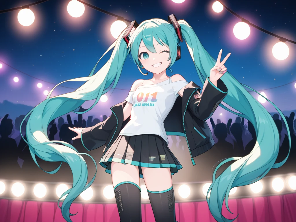 hatsune miku (vocaloid)
masterpiece, exquisite, beautiful, 4K, woman, hopeful, cheerful grin, wink, standing, making a peace sign, looking at viewer, twintail, high twintails, aqua hair, green eyes, big eyes, tall, slender, leggy, t-shirt, jacket, off shoulder, mini skirt, black long boots, 20-year-old, at concert, on stage, in the festival, surrounded by stars and stardust, at night, beautiful, cel anime, moonlight, underlighting, stage lights, colorful lighting