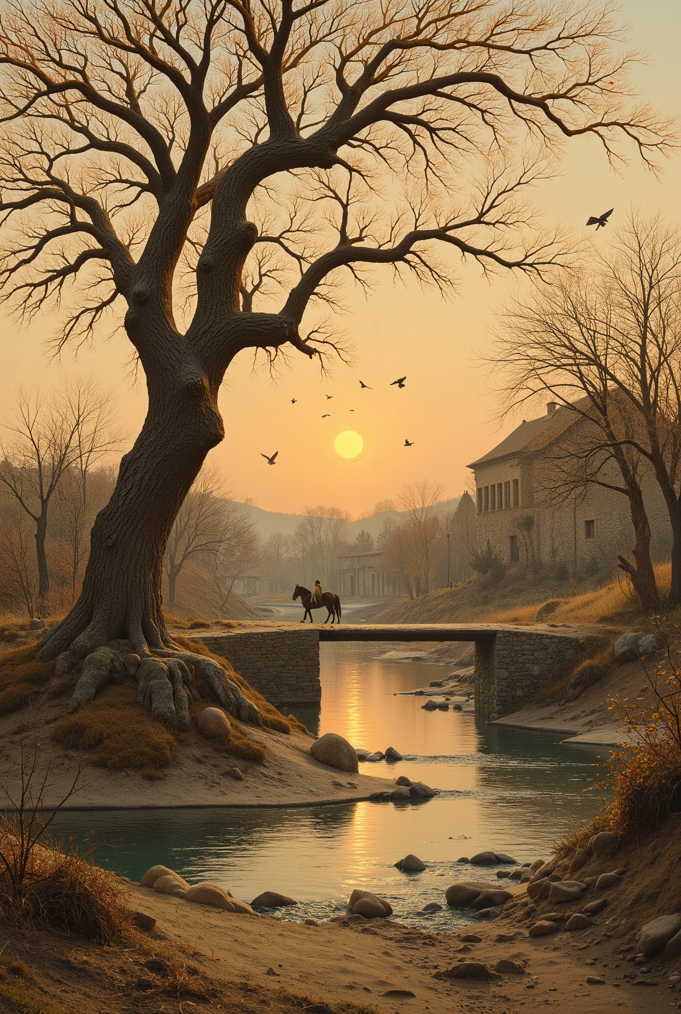 a detailed, high quality ancient Chinese painting of an aged, gnarled grapevine with dried, withered leaves, surrounded by a small bridge over a flowing stream, with an old, simple dwelling in the distance, as a cold western wind blows, and the sun sets, casting a melancholy and lonesome mood, (best quality,8k,masterpiece:1.2),ultra-detailed,(realistic,photorealistic,photo-realistic:1.37), (dried grapevine,ancient bridge,flowing stream,simple dwelling,cold western wind,setting sun:1.2), (old gnarled tree,crows calling:1.1), (horse:1.6), 