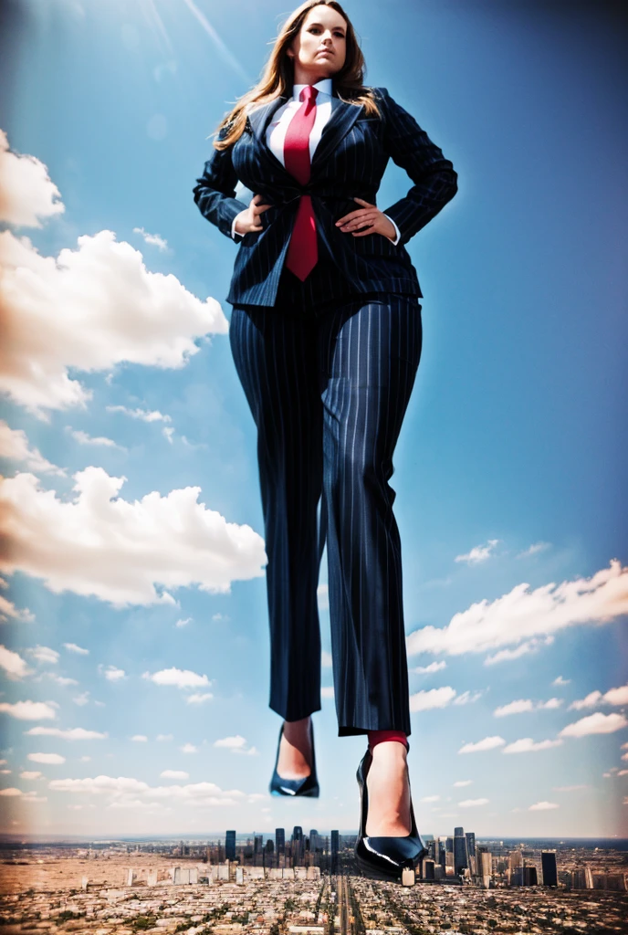 Looking up at the approaching young giantess, Giantess art, 500 miles tall giga giantess, young sophisticated and stylish woman in a black italian pinstriped trouser suit, form fitting crisp office shirt, and a large wide yellow necktie in a windsor knot, with a beautiful, curvaceous figure, large natural breasts, and long wavey blonde hair, with a curvaceous figure and massive breasts. wearing blue rounded court high heels with uncovered feet and standing, rampage-like pose, with a city skyscrapers background of mega-city, skyscapers, partially obscured by a hazy, cloudy atmosphere. The image is a high-resolution, masterpiece-quality, cinematic, ultra-detailed, and hyper-photorealistic photograph, with perfect hands, face, and lighting. ultra-detailed, 8K, photo-realistic, hyper-realistic, masterpiece, intricate details, full body view. Looking at camera, The image is a high-resolution, masterpiece-quality, cinematic, ultra-detailed, and hyper-photorealistic photograph, with perfect hands, face, and lighting. ultra-detailed, 8K, photo-realistic, hyper-realistic, masterpiece, intricate details,