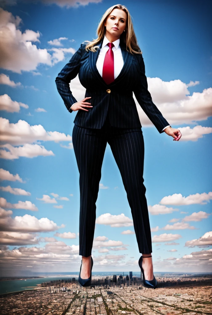 Looking up at the approaching young giantess, Giantess art, 500 miles tall giga giantess, young sophisticated and stylish woman in a black italian pinstriped trouser suit, form fitting crisp office shirt, and a large wide yellow necktie in a windsor knot, with a beautiful, curvaceous figure, large natural breasts, and long wavey blonde hair, with a curvaceous figure and massive breasts. wearing blue rounded court high heels with uncovered feet and standing, rampage-like pose, with a city skyscrapers background of mega-city, skyscapers, partially obscured by a hazy, cloudy atmosphere. The image is a high-resolution, masterpiece-quality, cinematic, ultra-detailed, and hyper-photorealistic photograph, with perfect hands, face, and lighting. ultra-detailed, 8K, photo-realistic, hyper-realistic, masterpiece, intricate details, full body view. Looking at camera, The image is a high-resolution, masterpiece-quality, cinematic, ultra-detailed, and hyper-photorealistic photograph, with perfect hands, face, and lighting. ultra-detailed, 8K, photo-realistic, hyper-realistic, masterpiece, intricate details,