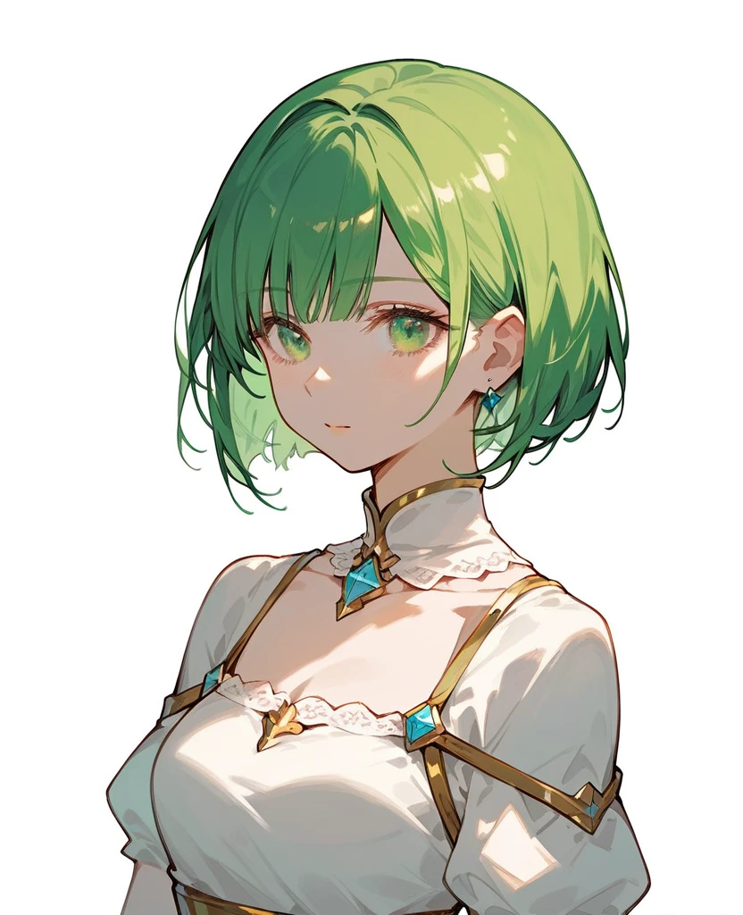 1 person, girl, top rated on pixiv, Masterpiece,Green Hair, short bob hair, green eyes,Princess, empty background,(White background)