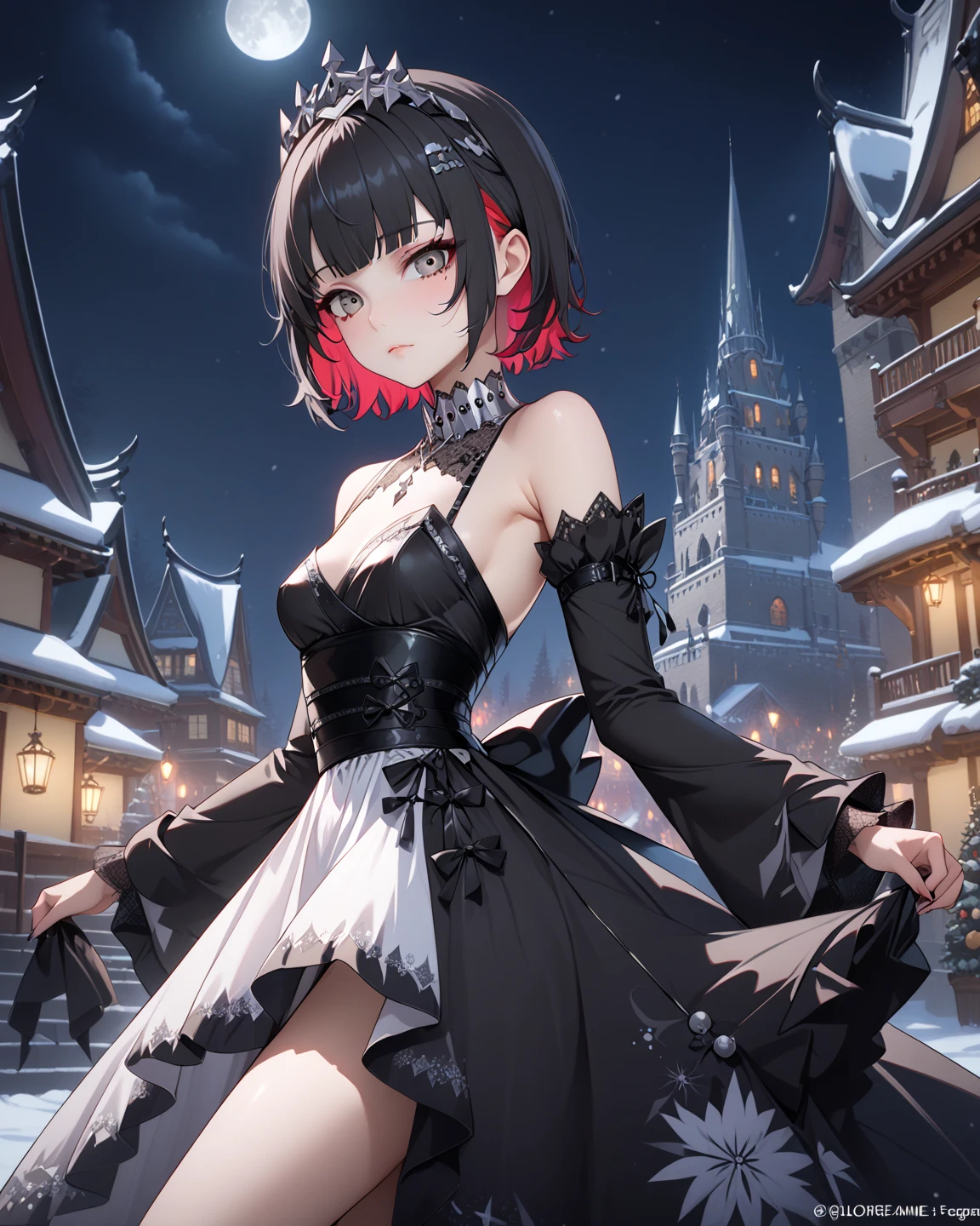 score_9, score_8_up, score_9_up, 1girl, source_anime, close up photo,  beautiful face, ellenjoe, night, passionless,  closed mouth, ellen joe, black hair, moonlight, japanese party, night winter,  party, fantasy party, fantasy night dress, night party, snow, sexy body, very small breasts,  colored inner hair, multicolored hair, grey eyes,  sadic, total black outfit, dancing alone, sadistic eyes, red hair,  short hair,  two-tone hair, shoulders covered, shoulders covered by the dress, not loooking at the viewer, winter long dress, dance long dress, gothic dress, winter dress, cozy dress, ghotic lolita dress, sideboobs, ghotic dress, lace black dress, winter dress, cozy dress, covered shoulders, black dance dress, dress for dancing, winter sleeves, glitter in the corset, shoulders covered by sleeves, long sleeves, long shirt, black corset with silver decorations, gala elegant dress, winter dress, elegant dress, long skirt dress, night, arms behind her back, lace collar, sexy body,  small breasts, two-tone hair,  beautiful eyes, beautiful legs, sexy legs, solo, fantasy world, night, beautiful eyes