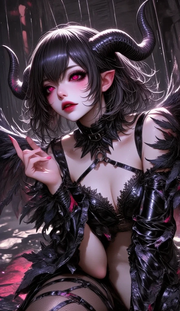  1 mature bewitching woman ,( top quality , very detailed depiction, Incredibly Absurd High Definition ),( succubus ),( black lingerie, corset,latex, black tights, high heels, boots),( purple eyes, looks down on you, half-closed eyes:2.0, bewitching smile, cleavage,Glossy lips, is opening her mouth, sticking out the tongue :2.0,Seductive gestures,Beautiful legs,Beautiful thighs),sweat, full body image :2.0,Dimly lit room,Lamplight