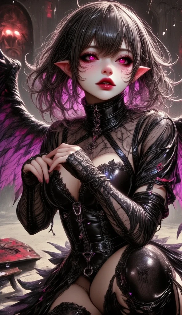  1 mature bewitching woman ,( top quality , very detailed depiction, Incredibly Absurd High Definition ),( succubus ),( black lingerie, corset,latex, black tights, high heels, boots),( purple eyes, looks down on you, half-closed eyes:2.0, bewitching smile, cleavage,Glossy lips, is opening her mouth, sticking out the tongue :2.0,Seductive gestures,Beautiful legs,Beautiful thighs),sweat, full body image :2.0,Dimly lit room,Lamplight