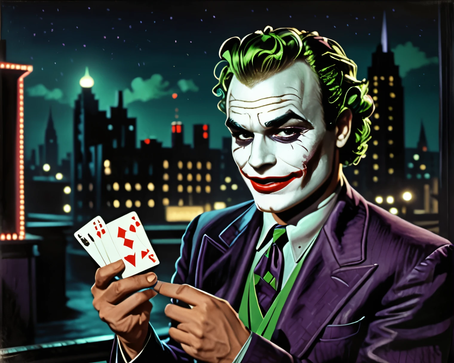 the joker, heath ledger style,styled in a 1950s aesthetic, gotham city at night, realistic, holding cards, smile evil