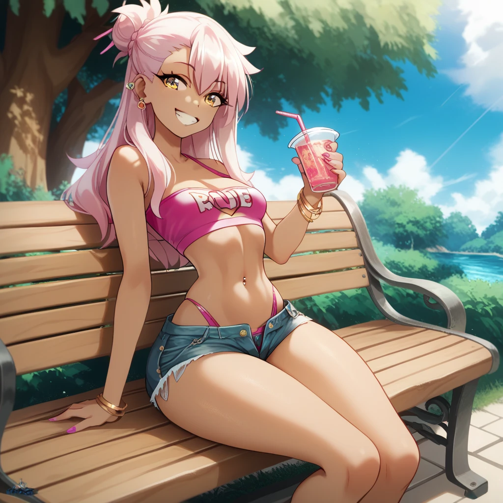 1girl,solo,smile,outdoor,midriff, pink tube top, denim hotpants, open fly, beld, gyaru clothes, thighighs,sitting,bench, chloe,dark_skinned_female,dark_skin,long_hair,pink_hair,yellow_eyes,hair_between_eyes,white_hair,bangs,small_breasts,,half_updo,one_side_up, young girl, li:1.3, slender waist, nice hips, slut