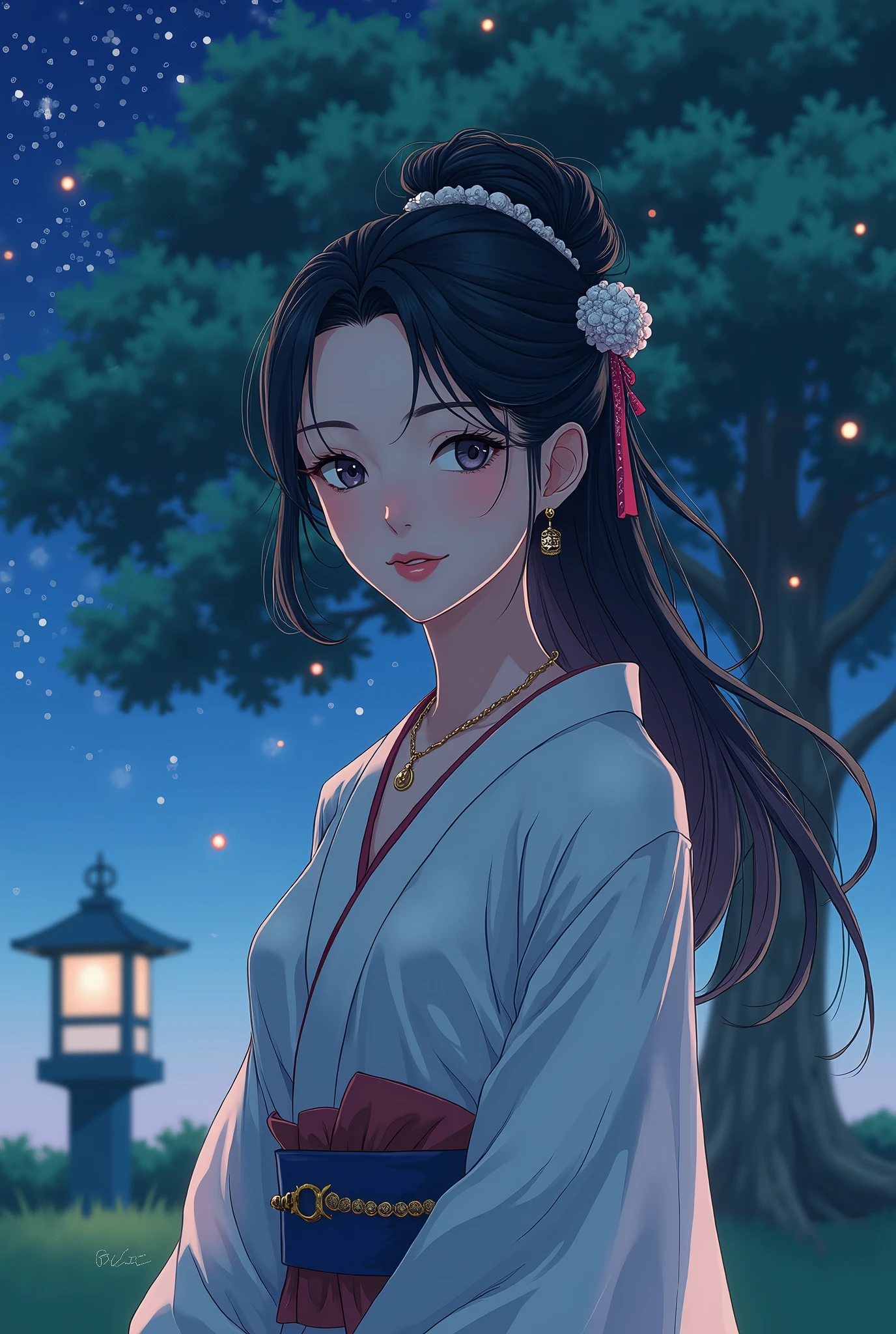 anime,  manga ,  Japanese woman, beautiful,  beauty, goddess, Black hair updo, Mid-chest,  and my eyes are narrow ,  pink lips, necklace,  hair ornament,  gentle expression ,  most beautiful , night,  starry sky , Majestic, 星が瞬くnight, Moonlight, Large tree, Grass Square,  8K,  high definition, 