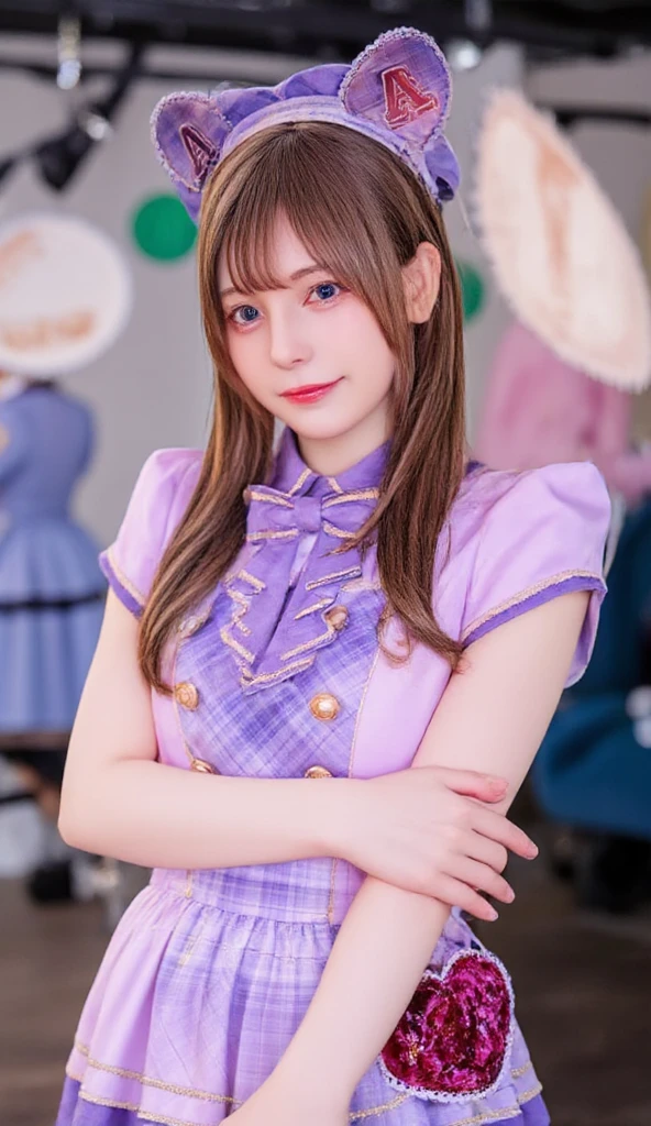 A hyper-realistic portrait of a beautiful **-****-*** Japanese girl dressed as an idol. She has long, golden-brown hair and sparkling bright eyes. Her outfit is a stylish idol uniform in shades of pink and purple, featuring a short pleated skirt, a fitted top with frills, and matching accessories. She is smiling radiantly in a cheerful pose, standing confidently on a stage setting with soft spotlights and a dreamy, vibrant atmosphere. Highly detailed and realistic lighting, with sharp facial features and smooth textures.