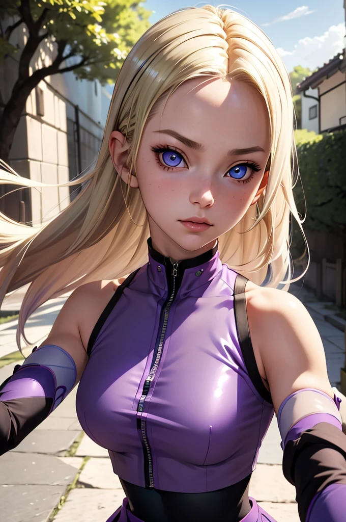 (masterpiece), best quality, expressive eyes, perfect face, 1 girl, solo, yamanaka ino, blonde hair, blue eyes, purple crop top, separate sleeves, purple skirt, mesh sleeves, , meshes, outdoors, natural lighting, portrait, looking at viewer, trying to seduce viewer